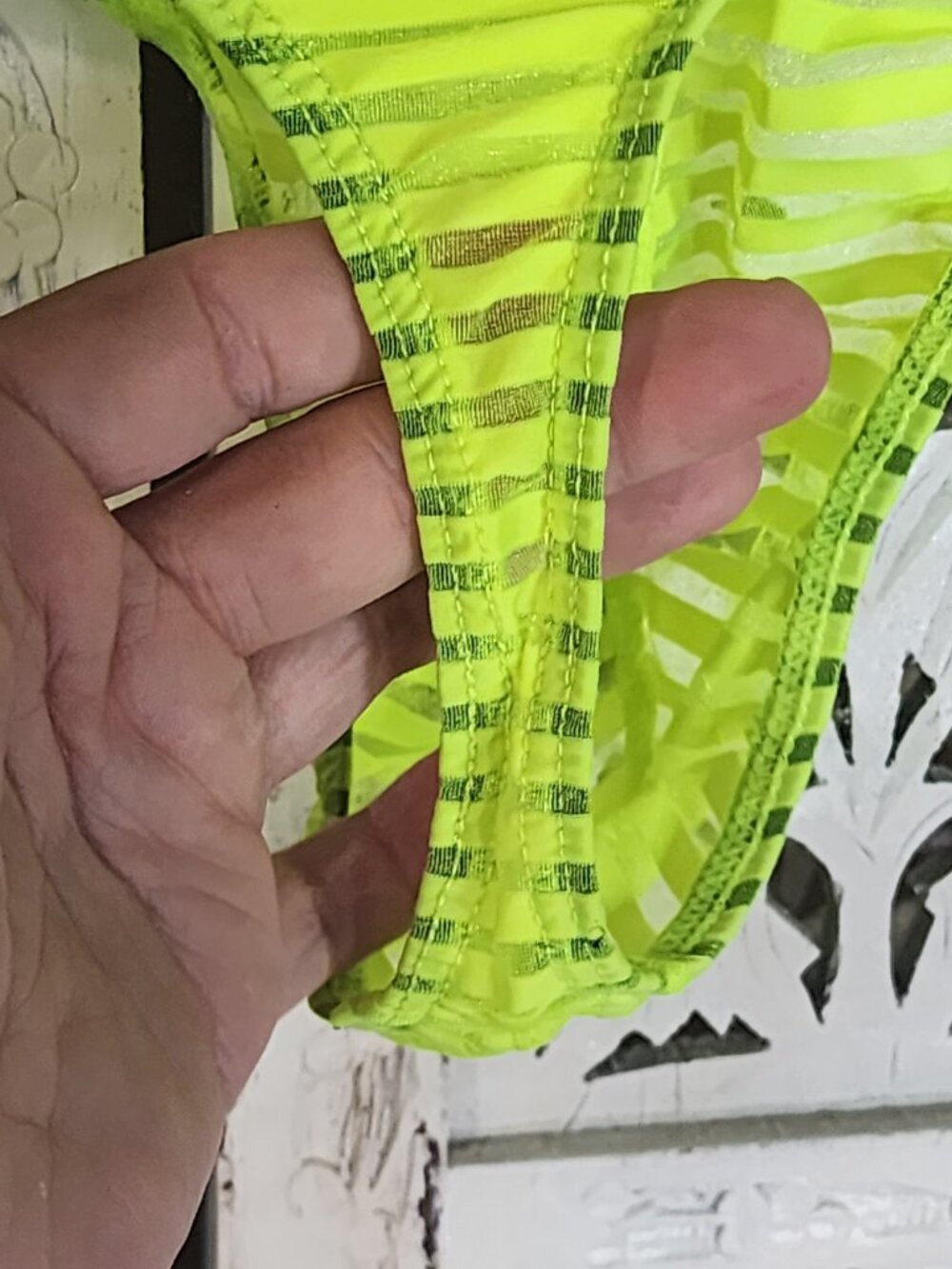 Unknown Brand Neon Lime Sheer Gray Metallic Stripe Thong Underwear Fit Like M - Picture 10 of 16